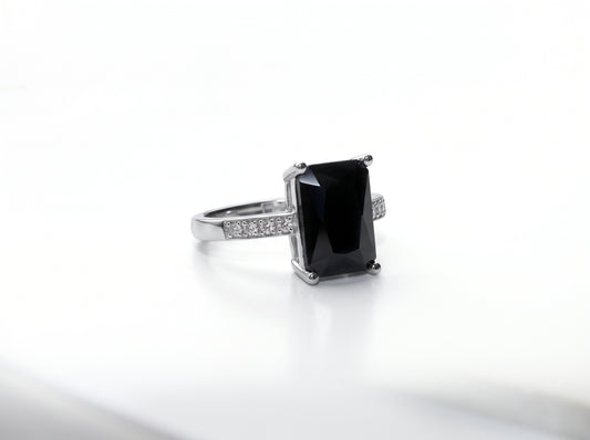 Silver Emerald-Cut Black Gemstone Pavé Band Ring