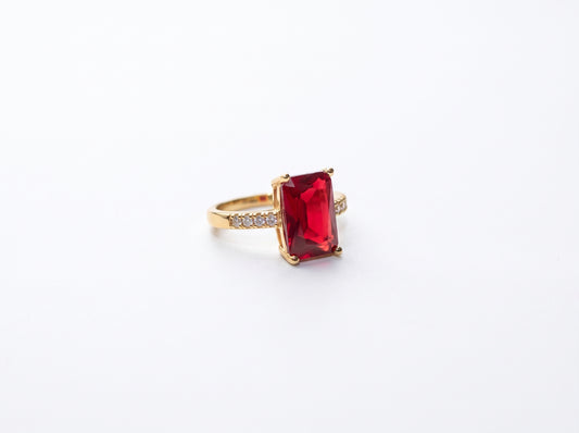 Gold Emerald-Cut Ruby Red Zircon Pavé Band Ring
