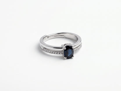 Silver plated Oval Sapphire Blue Split-Band Pavé Ring