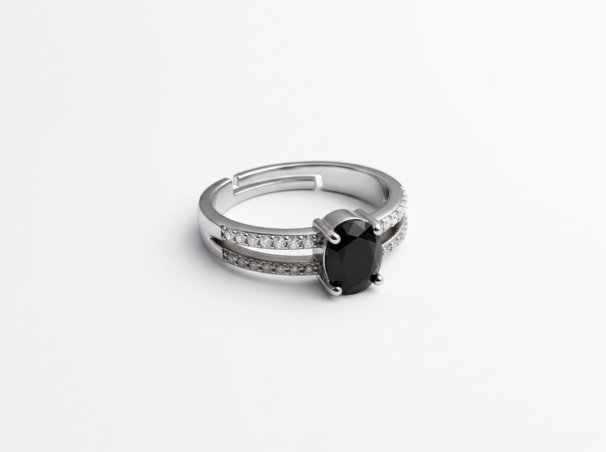 Silver plated  Oval Black Gemstone Split-Band Pavé Ring