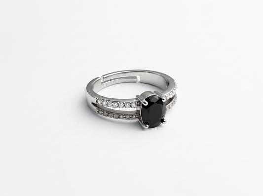 Silver plated  Oval Black Gemstone Split-Band Pavé Ring