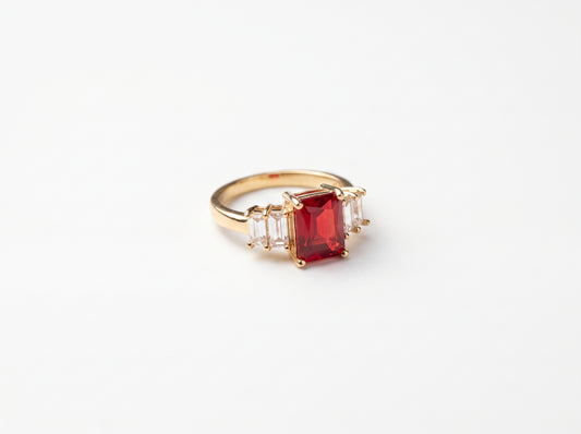 Gold plated  Emerald-Cut Ruby Red Zircon Three-Stone Baguette Ring