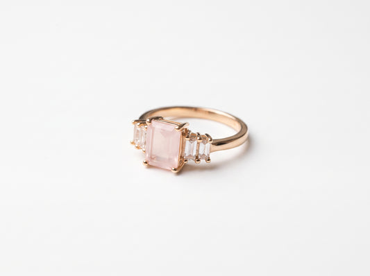 Gold plated Emerald-Cut Rose Quartz Pink Zircon Three-Stone  Ring