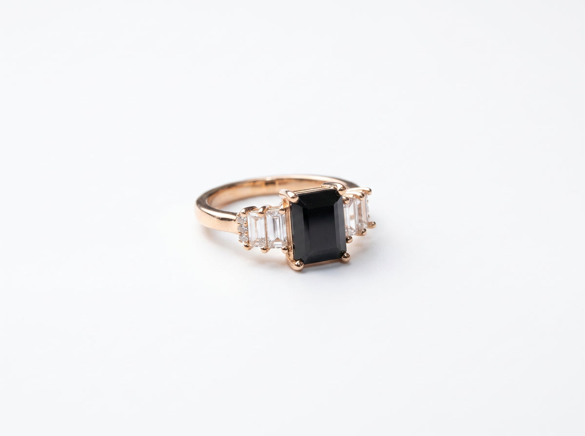 Gold plated Emerald-Cut Black Gemstone Three-Stone Baguette Ring