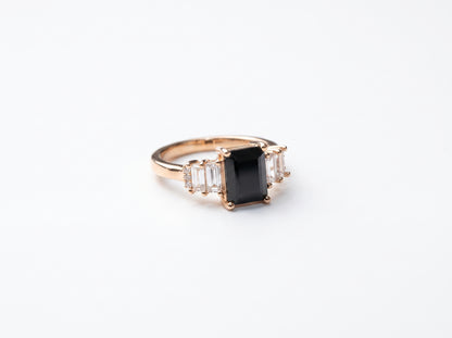Gold plated Emerald-Cut Black Gemstone Three-Stone Baguette Ring