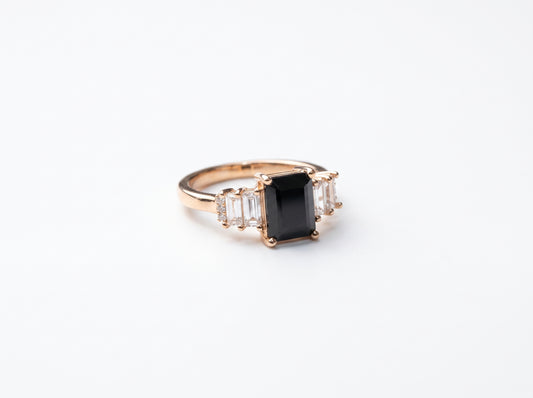 Gold plated Emerald-Cut Black Gemstone Three-Stone Baguette Ring