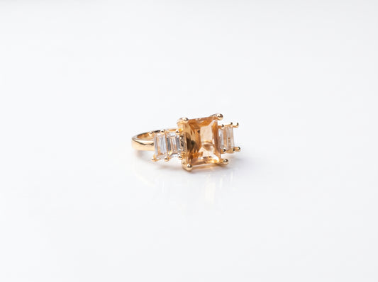 Gold plated Emerald-Cut Champagne Zircon Three-Stone Baguette Ring