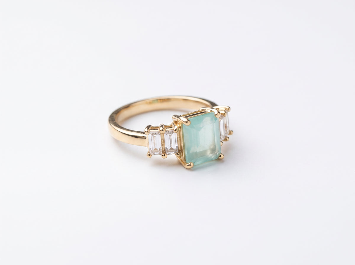 Gold plated Emerald-Cut Mint Green Zircon Three-Stone Baguette Ring
