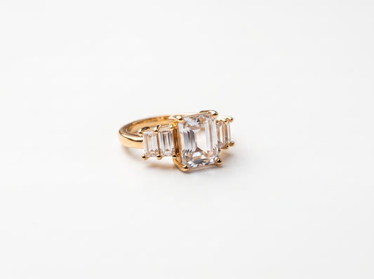 Gold plated Emerald-Cut Clear Zircon Three-Stone Baguette Ring