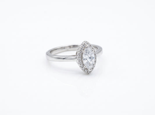 Silver plated  Marquise-Cut Clear Zircon Halo Solitaire Ring