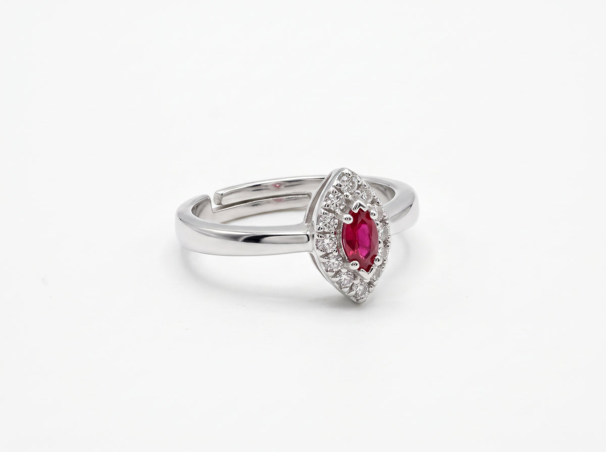 Silver plated Marquise-Cut Ruby Red Zircon Halo Solitaire Ring