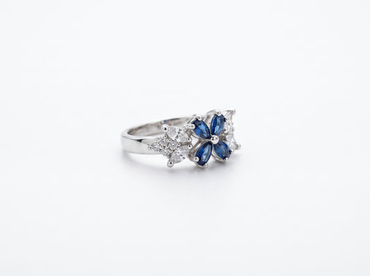 Silver plated Floral Marquise Sapphire Blue & Clear Zircon Cluster Ring