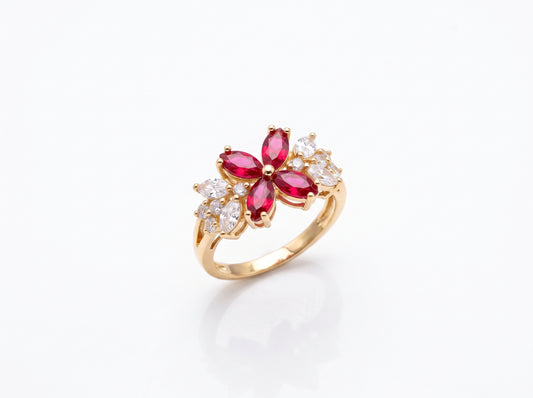 Gold plated  Floral Marquise Ruby Red & Clear Zircon Cluster Ring