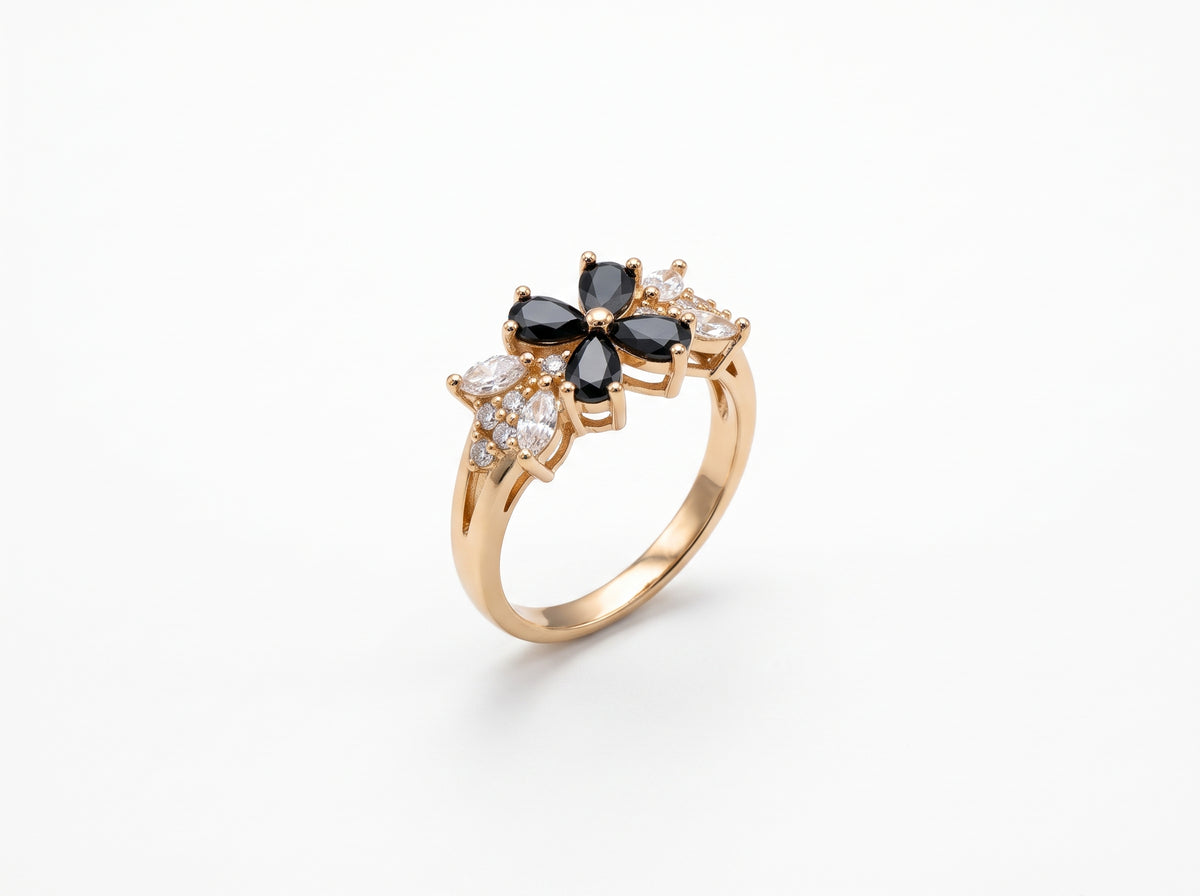 Gold plated Floral Marquise Black Gemstone & Clear Zircon Cluster Ring