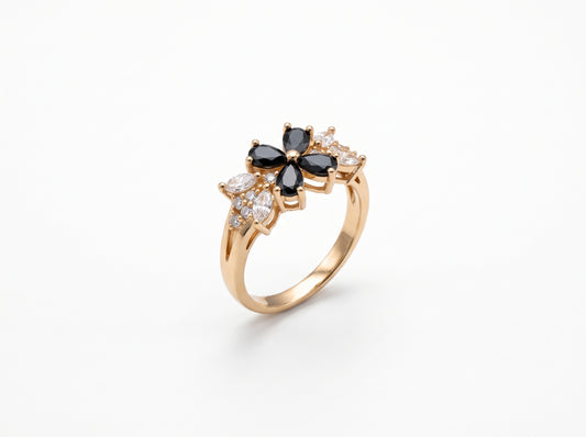 Gold plated Floral Marquise Black Gemstone & Clear Zircon Cluster Ring