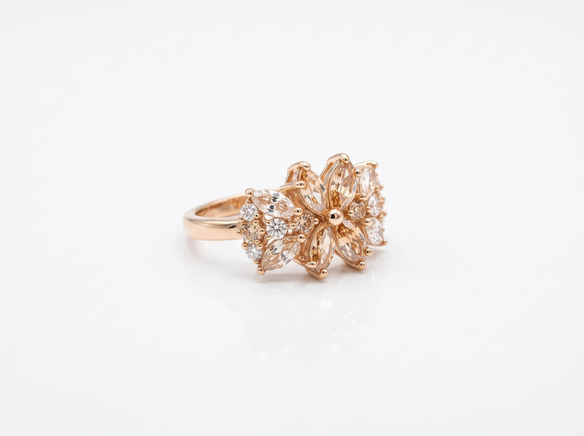 Gold plated Floral Marquise Champagne & Clear Zircon Cluster Ring