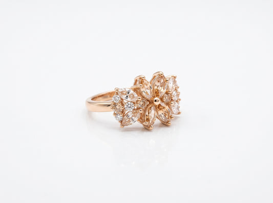 Gold plated Floral Marquise Champagne & Clear Zircon Cluster Ring