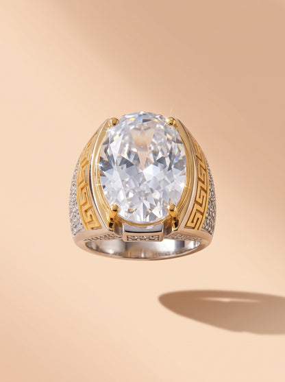 Men's Two-Tone Oval Zircon Greek Key Signet Ring