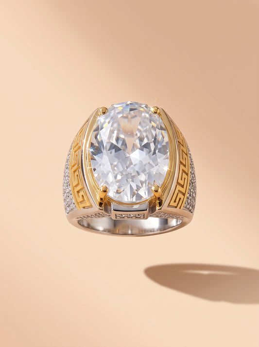 Men's Two-Tone Oval Zircon Greek Key Signet Ring