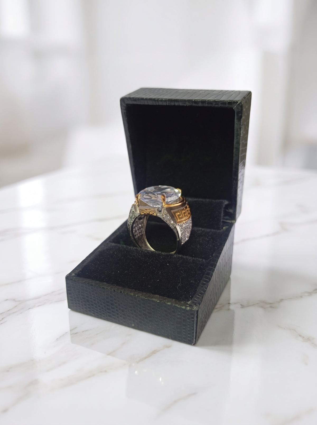 Men's Two-Tone Oval Zircon Greek Key Signet Ring