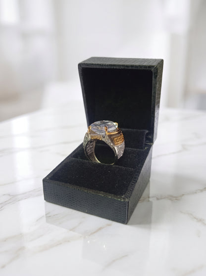 Men's Two-Tone Oval Zircon Greek Key Signet Ring