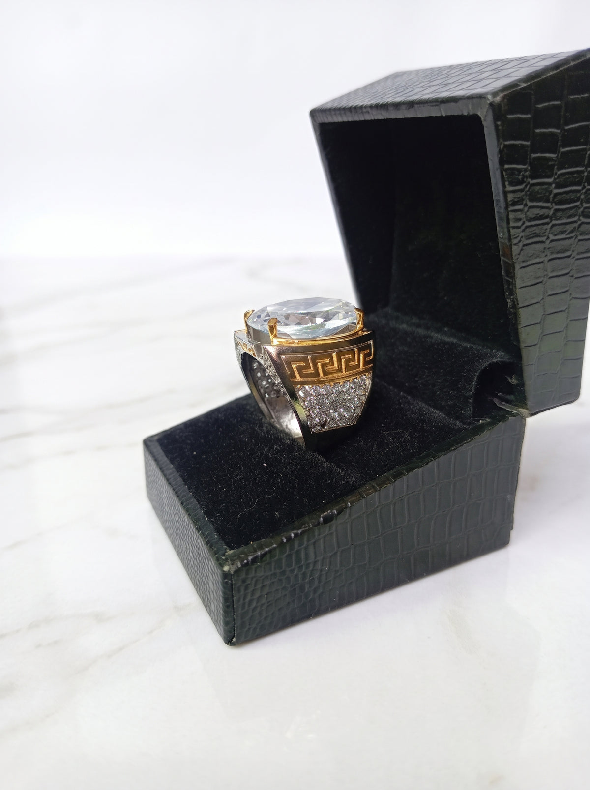 Men's Two-Tone Oval Zircon Greek Key Signet Ring