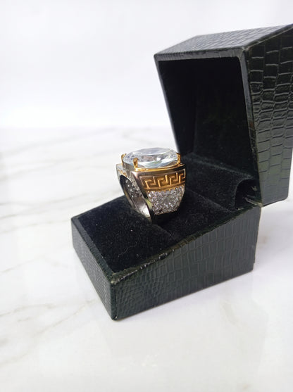 Men's Two-Tone Oval Zircon Greek Key Signet Ring