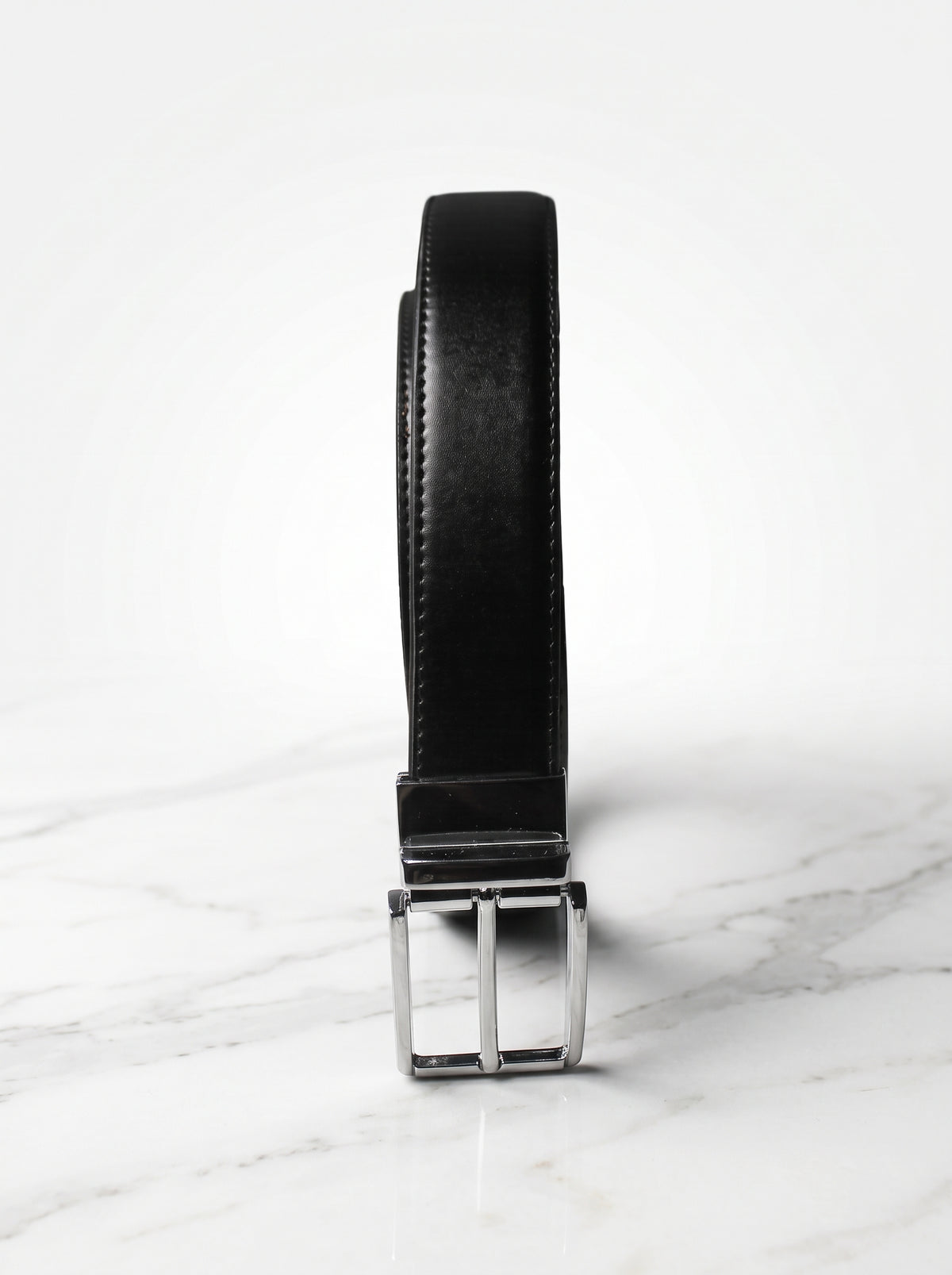 Reversible Black & Brown Leather Belt with Polished Silver Buckle