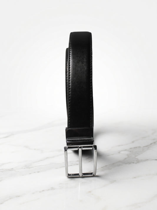 Reversible Black & Brown Leather Belt with Polished Silver Buckle