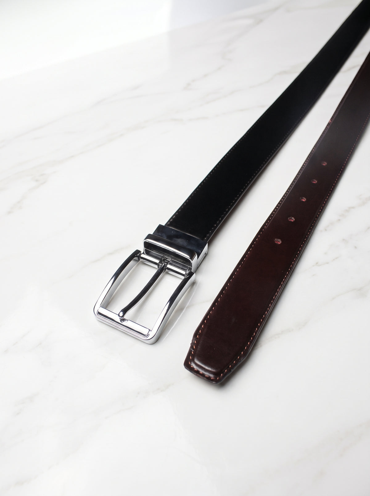 Reversible Black & Brown Leather Belt with Polished Silver Buckle