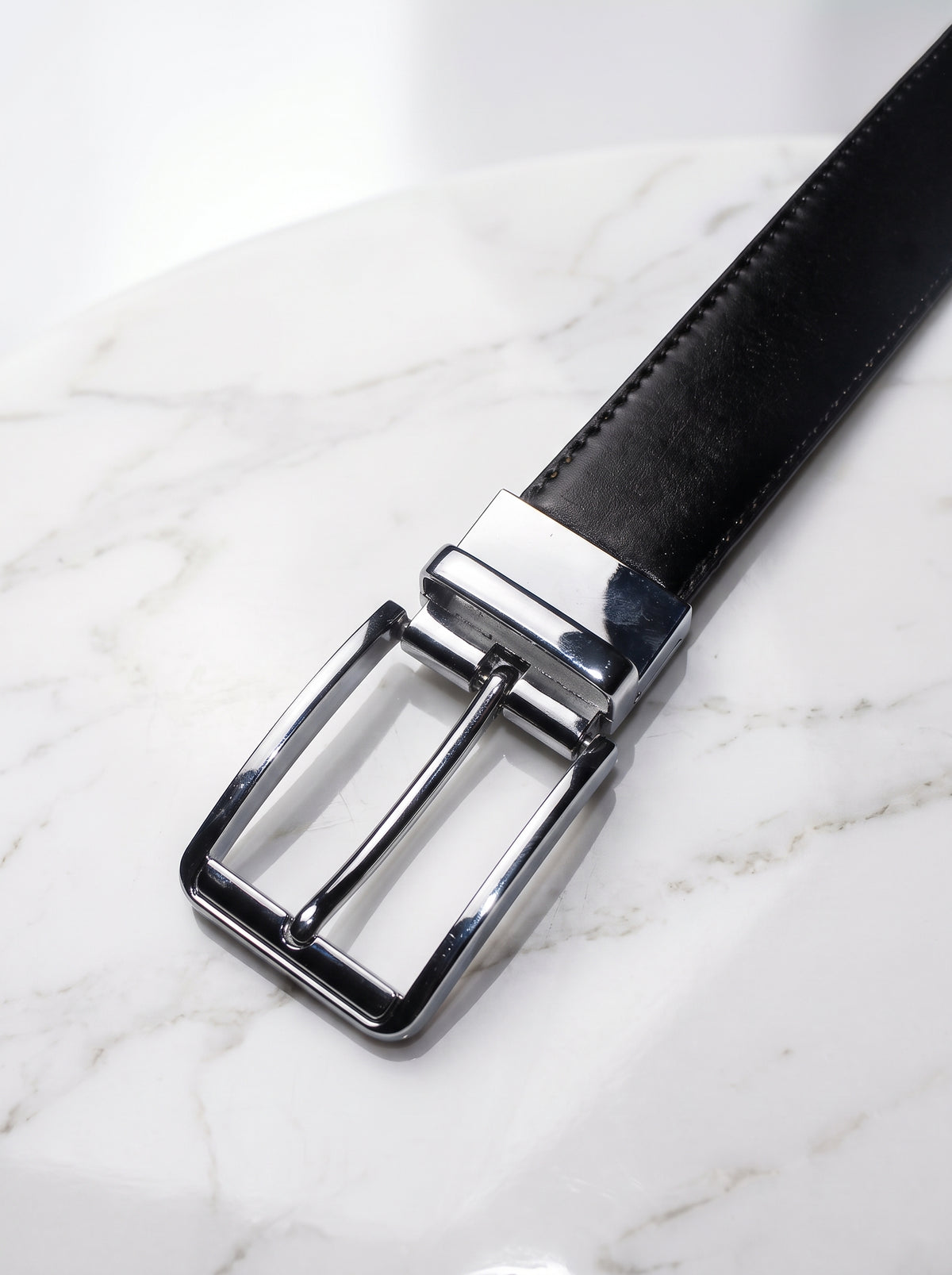 Reversible Black & Brown Leather Belt with Polished Silver Buckle