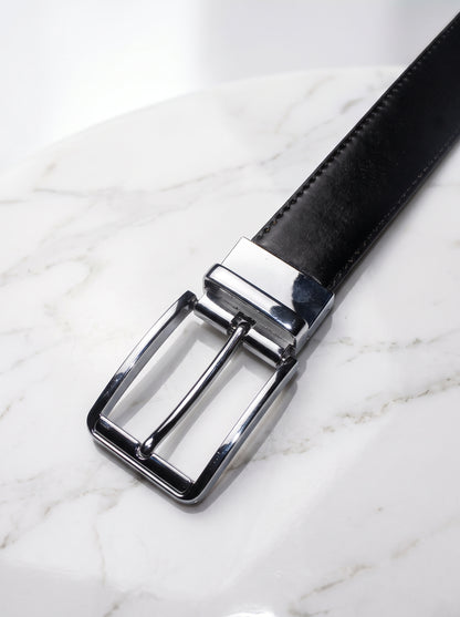 Reversible Black & Brown Leather Belt with Polished Silver Buckle