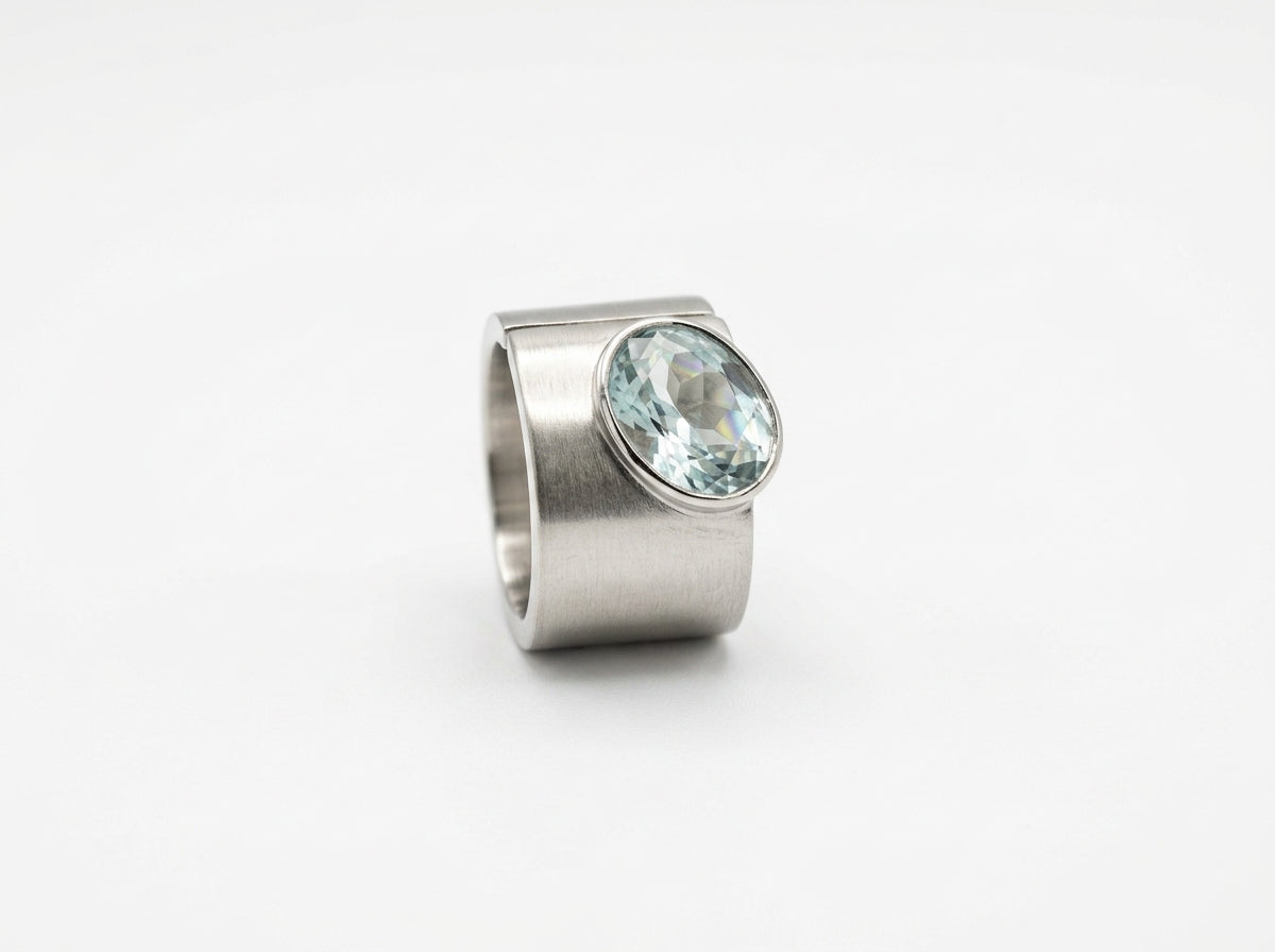 Aquamarine Oval Gemstone Band Ring in Matte Silver Finish