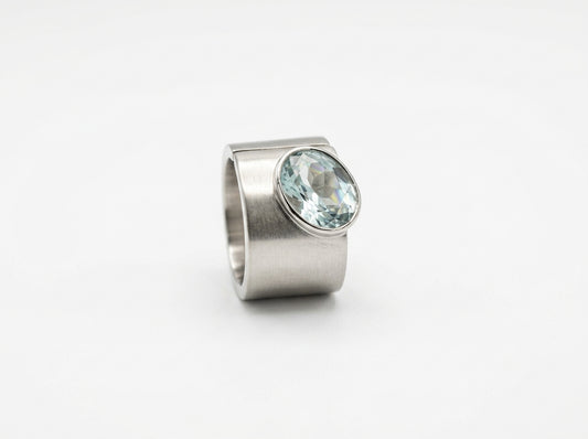 Aquamarine Oval Gemstone Band Ring in Matte Silver Finish
