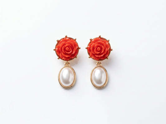 Handmade Coral Bloom Pearl Drop Earrings