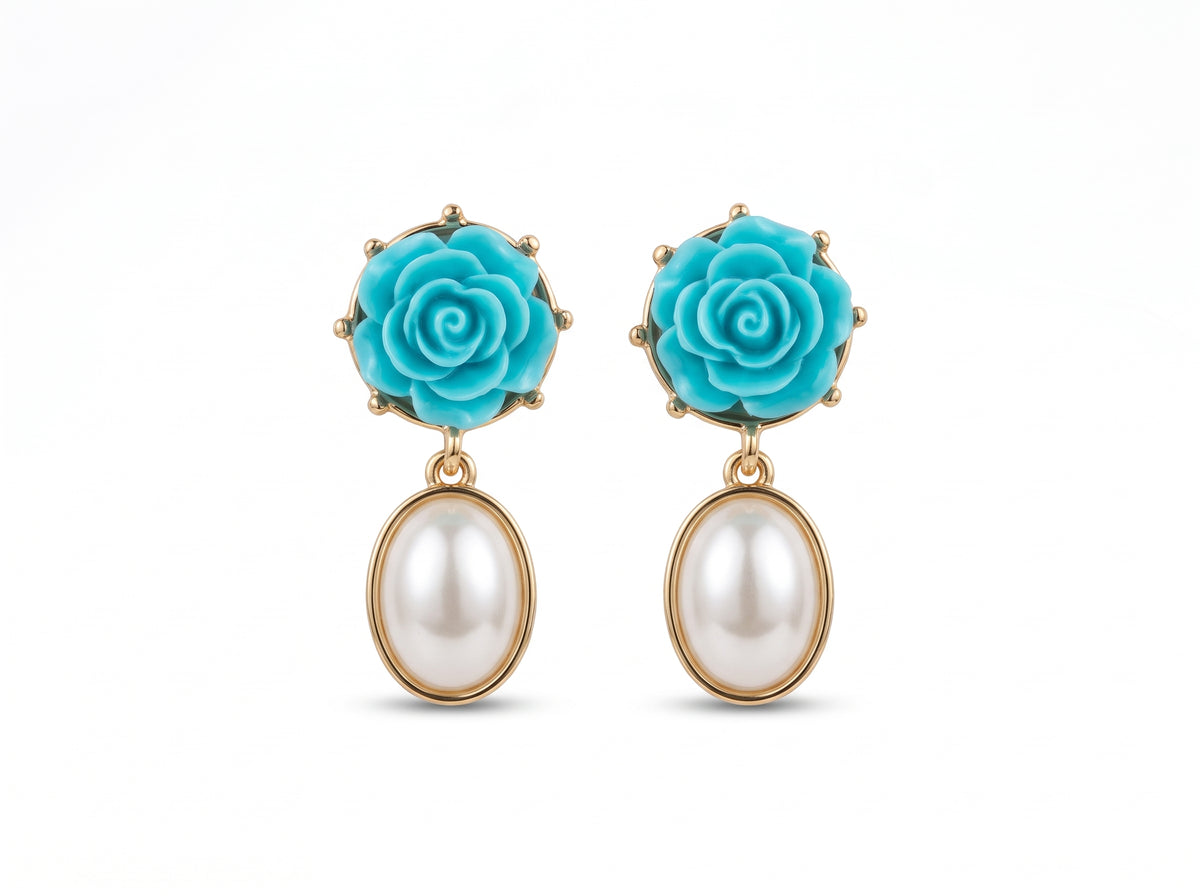 Handmade Aqua Bloom Pearl Drop Earrings