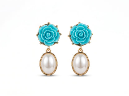 Handmade Aqua Bloom Pearl Drop Earrings