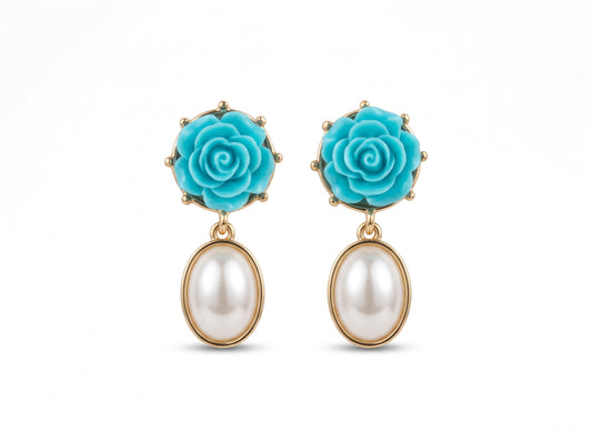 Handmade Aqua Bloom Pearl Drop Earrings