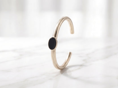 Gold Plated Oval Black Gemstone Open Cuff Bangle
