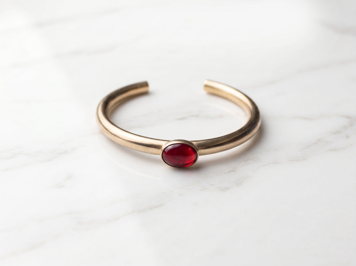 Gold Plated Oval Ruby Red Gemstone Open Cuff Bangle